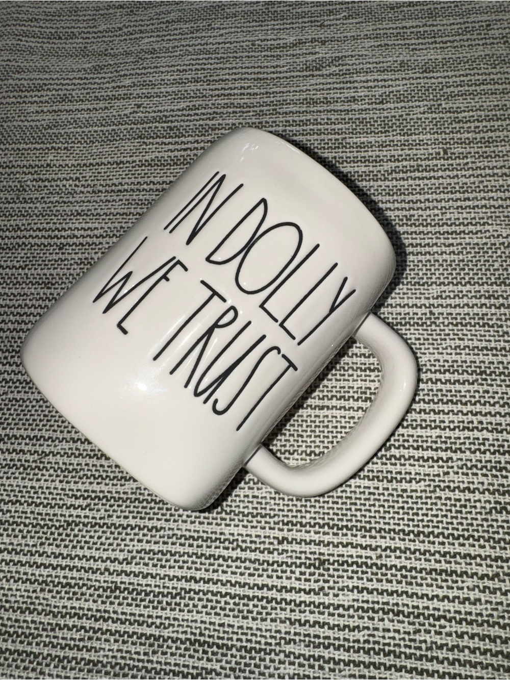 Rae Dunn White Ceramic Mug with Black 'IN DOLLY WE TRUST' Text